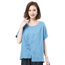2021夏季新款气质圆领拼贴纯色麻短袖上衣，女装衬衫，叶笙衣