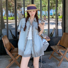 韩版休闲牛仔外套短裤两件套女夏2025新款设计感时尚宽松洋气套装，女装套装/套裙，2C159