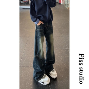 1506-1/K6021/P49冬季百搭阔腿长裤蓝色潮牌高腰男女同款阔腿裤图片