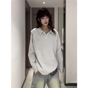 QC3333-P41 春季美式复古翻领POLO衫卫衣情侣简约百搭休闲套头图片