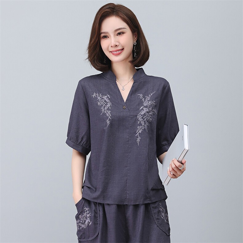 亚麻衬衫女短袖2023年新款夏季刺绣衬衣v领小衫妈妈气质苎麻上衣图片