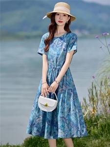 时尚碎花棉麻短袖连衣裙女夏2026新款收腰显瘦度假风休闲气质裙子图片