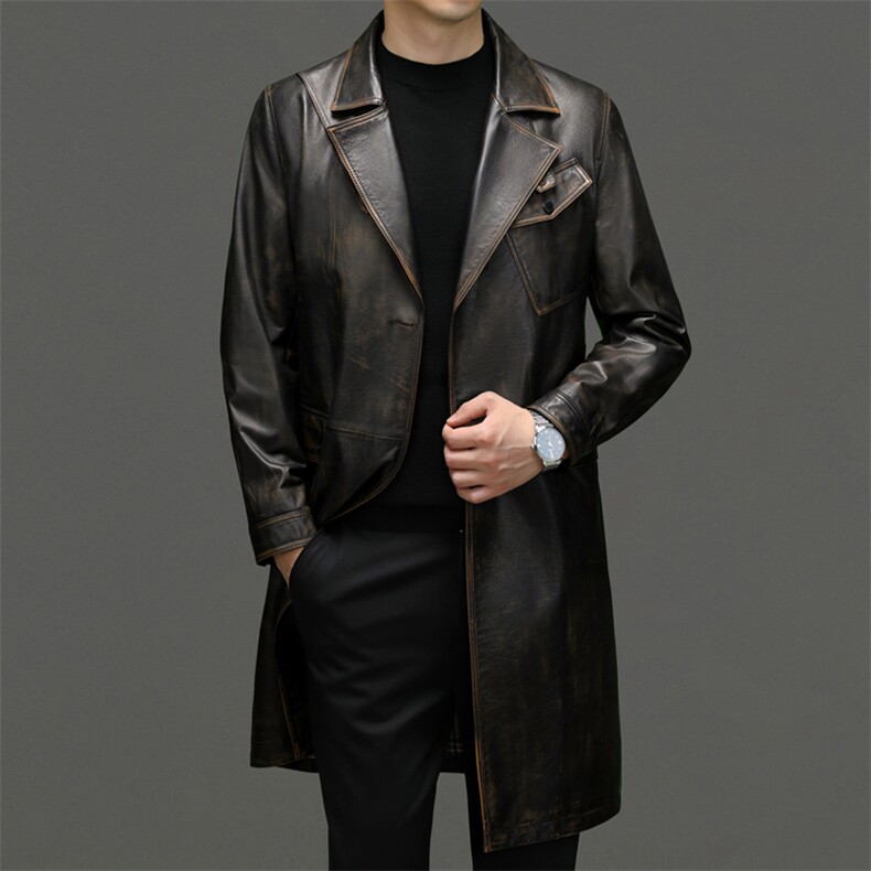 23298秋冬新款海宁真皮皮衣男中长款商务男装牛皮风衣西装领P1350，男装西服套装，电商B360A（原721A）