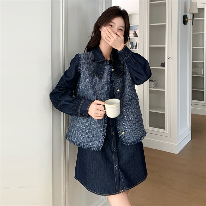 现货-2025年春季小香风马甲牛仔中长款衬衣两件套203P175K248,女装套装/套裙,浙宝203