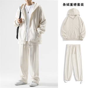 纯色百搭条绒套装休闲穿搭连帽外套加休闲裤两件套-TZ820特批117图片