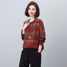 时尚拼色条纹卫衣女春秋2024年新款韩系印花宽松长袖圆领体恤上衣，女装卫衣/绒衫，涵誉