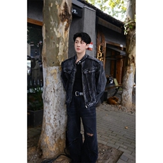 美式短装高街牛仔外套潮牌夹克男复古垫肩宽松上衣服WLJK122-P80，男装工装外套，星座1008