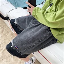 港风男女海边贴标新款轻薄五分裤撕边拼接牛仔裤A042-D815-P45，男装牛仔裤，电商A042