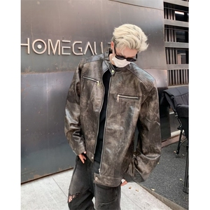 夹克外套男小立领机车服2024春秋新款潮流美式复古痞帅皮夹克图片
