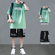 棉凉感短袖t恤男夏季潮牌渐变五分半袖宽松上衣服青少年体恤套装T，男装T恤，星座1210-1