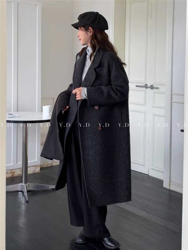 四粒扣西装领高端羊毛大衣女2025秋冬新款中长款，女装双面呢大衣，依嘟服饰