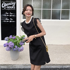 2024夏季新款小香风撞色拼接小飞袖木耳边中长款A字连衣裙，女装连衣裙，瑶迪