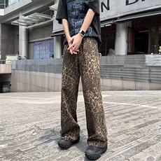 美式复古豹纹牛仔裤直筒宽松显瘦阔腿拖地裤子潮，男装牛仔裤，星座1013