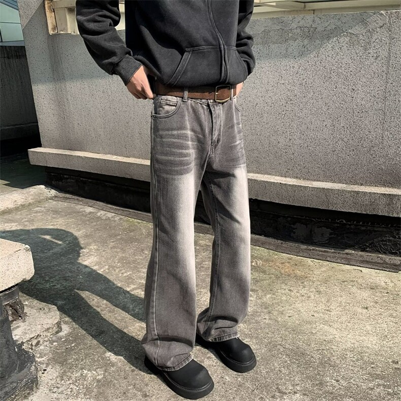 水洗做旧扎染灰色牛仔裤男女微喇宽松休闲直筒垂感长裤 N6021图片