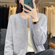 2025年夏季落肩袖长袖修身型开衫圆领单排扣羊毛时尚百搭，女装羊毛衫，春贝羊绒