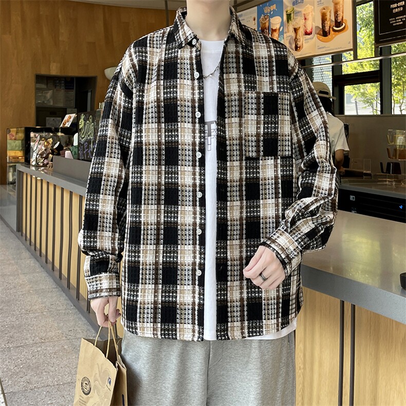 外套秋冬港风男大码小香风新款夹克宽松毛呢格子长袖衬衫/853p55,男装夹克,电商A012