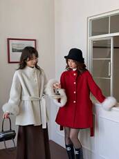 新款来袭高品质系腰带+袖口真狐狸可拆卸中长款女双面羊毛大衣，女装羊绒大衣，依嘟服饰