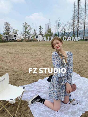 【春季新款】自制蓝色短款碎花裙，女装，F/TU