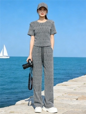 潮流时尚气质套装女夏季新款欧货重工慵懒风灰色短袖阔腿裤两件套，女装套装/套裙，江南