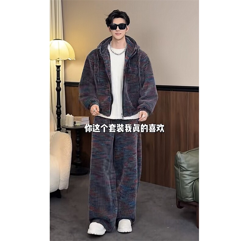 抖音加绒加厚针织连帽卫衣阔腿裤套装上衣P128裤子P95(网图,男装休闲套装,电商B267