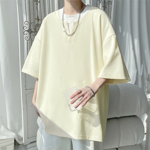 特批P25无差价夏季痞帅V领假两件肌理感大码短袖T恤男上衣T5111图片