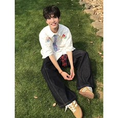 【现货一千件】DH76-特批35自制款学院风花朵领带短袖衬衫，男装T恤，星座603-2