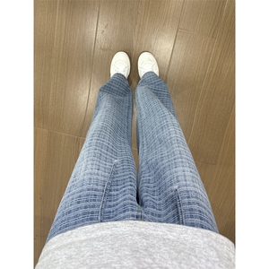 蓝色提花格子牛仔裤男士早秋穿搭美式vibe裤子宽松直筒抽绳休闲裤图片