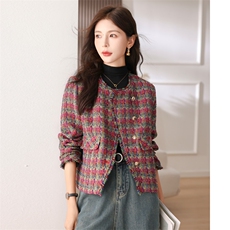 韩城.复古编织格子短款外套女2025春季小香风斜扣翻领显瘦洋气s，女装短外套，梦懿尔