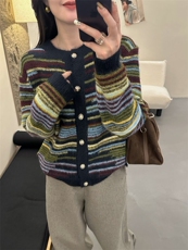 2025年冬季绵羊毛条纹长袖开衫，女装羊毛衫，臻纶羊绒