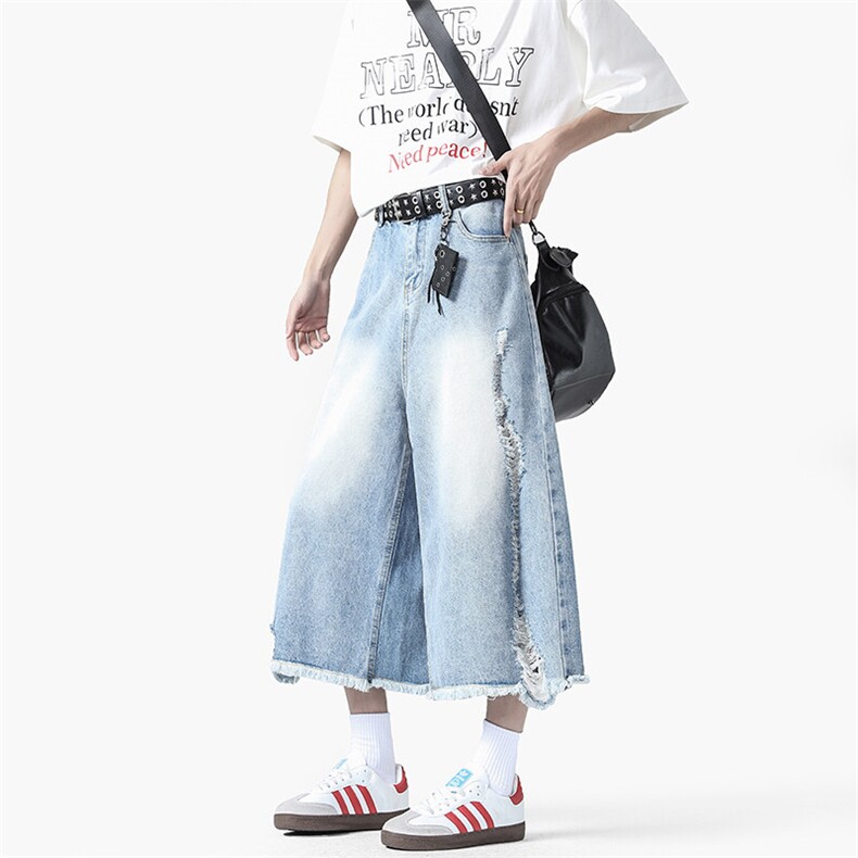 夏季2025新款破洞磨毛7分牛仔裤宽松阔腿裤xz906-1-K1273P58控89图片