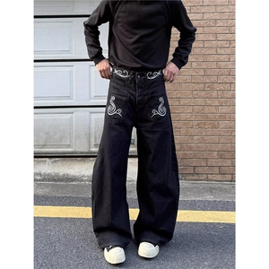 美式复古刺绣阔腿牛仔裤男女高街潮牌百搭直筒裤拖地裤NT9061-P52图片