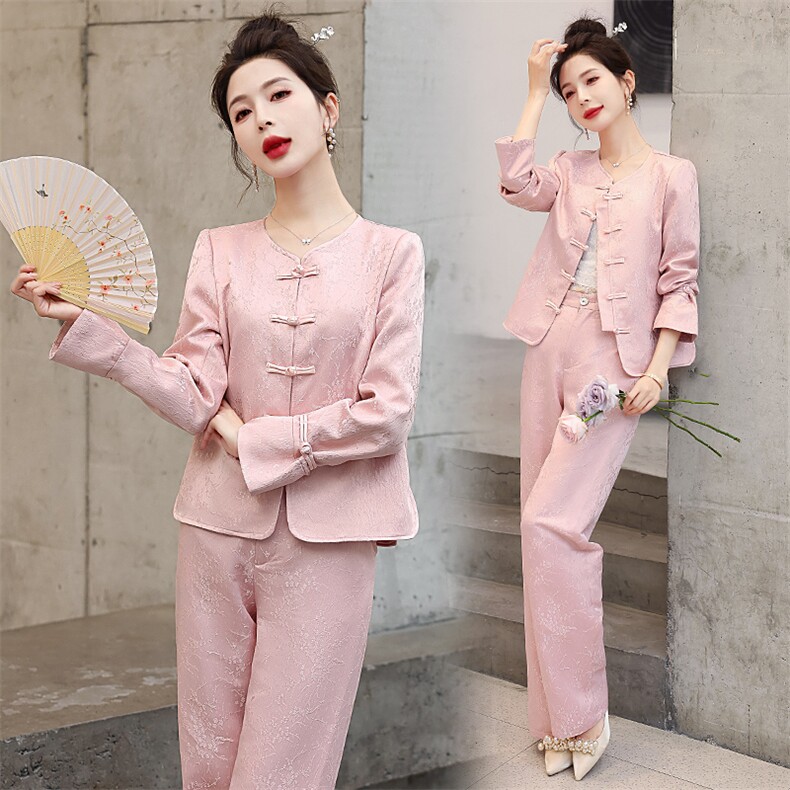 新中式国风套装女2024春秋新款禅意茶服复古盘扣唐装阔腿裤两件套，女装套装/套裙，韩美纤衣