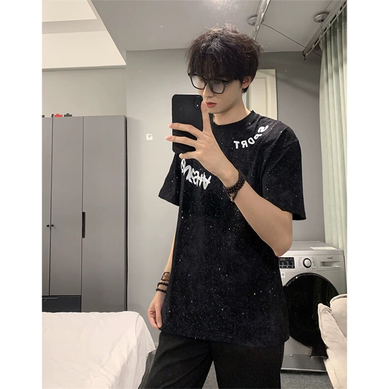 抖音得物供货 240克美式复古扎染满天星亮片中性风短袖T恤 AT2701图片