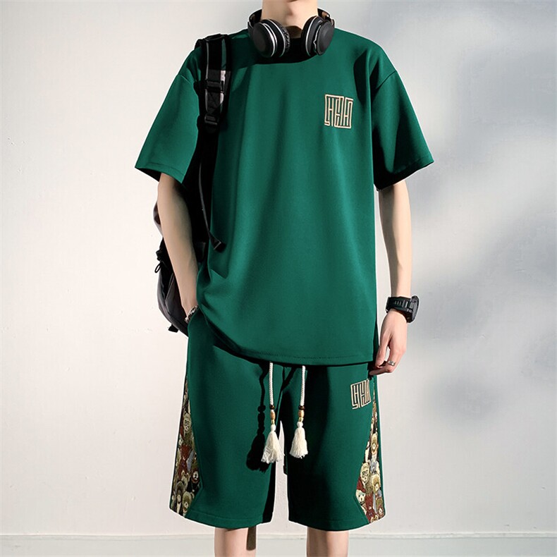 T恤套装男夏季刺绣休闲运动两件套短裤拼接薄款A266-TZ7758-P48,男装牛仔裤,电商A266