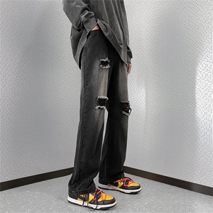 牛仔裤炸街风破洞补丁男裤黑色复古水洗做旧B225-K2389-P63-X78图片