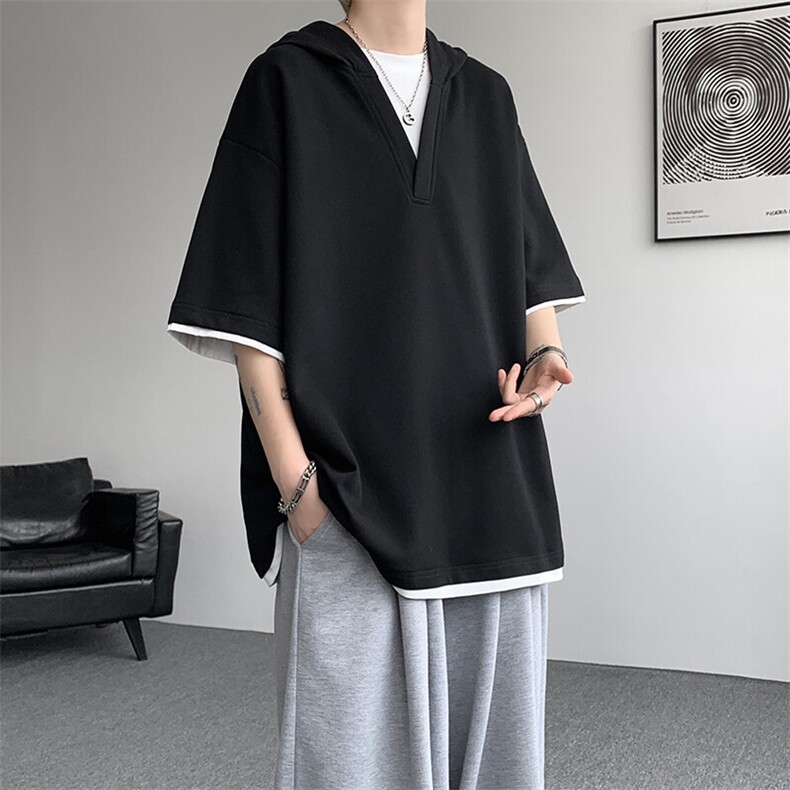 8XL-M假两件短袖卫衣连帽t恤男夏季薄款宽松大码学生半袖DT007P48,男装T恤,电商B312