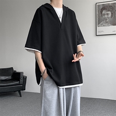 8XL-M假两件短袖卫衣连帽t恤男夏季薄款宽松大码学生半袖DT007P48，男装T恤，电商B312