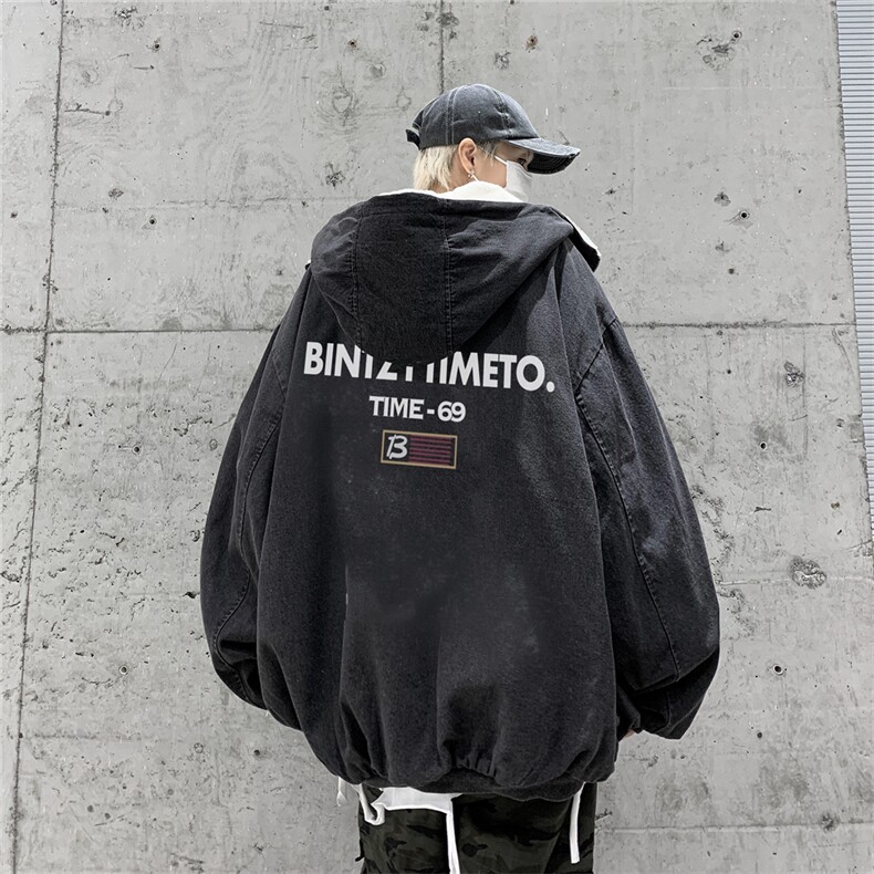 羊羔绒棉服男冬季加厚美式高街水洗加绒牛仔外套潮牌连帽棉衣夹克,男装棉衣,电商B210