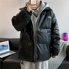 假两件衣男冬季加厚宽松潮流PU皮外套港风连帽服W1906-P85，男装棉衣，星座512-4