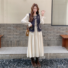 复古藏青色刺绣马甲套装女2025秋季日系气质显瘦收腰A字长裙套装，女装连衣裙，2C375