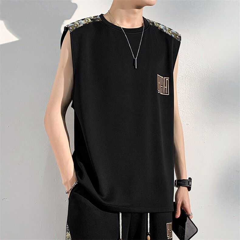 夏季无袖T恤男刺绣拼接背心潮男士上衣菠萝格体恤A266-BX022-P18,男装T恤,电商A266