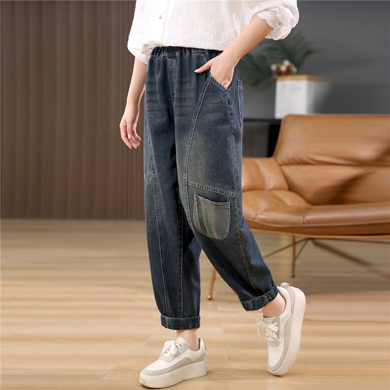 时尚休闲牛仔裤子2025秋季新品宽松大码减龄哈伦裤松紧抽绳，女装牛仔裤，奕阳依阁