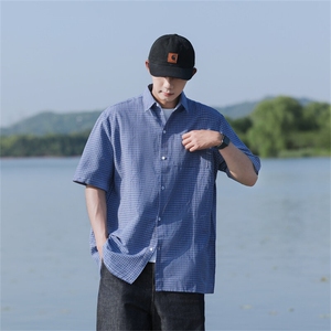 夏装短袖蓝色格子衬衫男潮流百搭宽松短袖衬衣 CS606P28图片