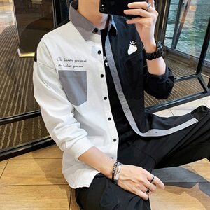 长袖衬衫男秋季新款韩版潮流宽松拼色休闲衬衣DS937T图片