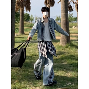 街头小众牛仔夹克设计感三条杠两件套 JK7009特P72 NZ619特P58图片
