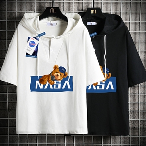 LD54247-P45 NASA连帽短袖t恤男大码胖子带帽五分袖中袖 网格图片