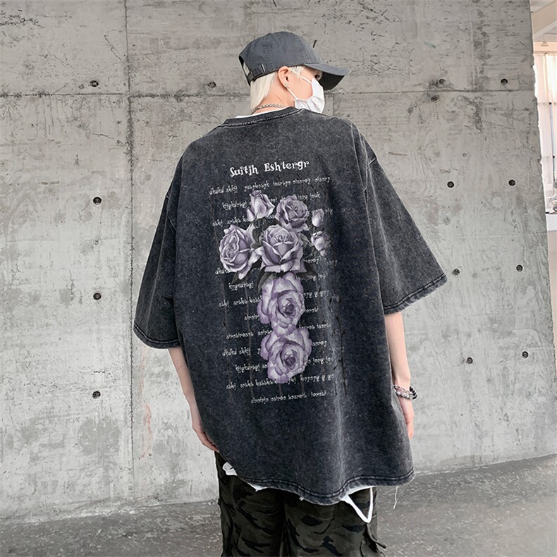 B239-1191-P38创意大花朵印花美式复古水洗做旧落肩袖短袖T恤,男装T恤,星座514-2(原B239)