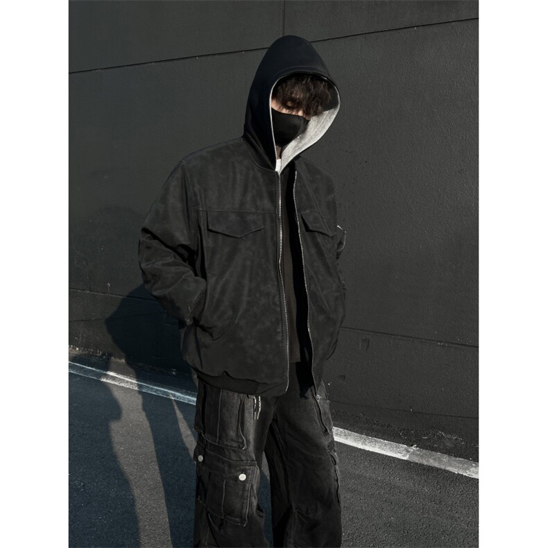 假两件荔枝纹皮夹克双色连帽棉服外套男款复古皮棉衣2309P118,男装夹克,星座506-1