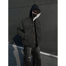假两件荔枝纹皮夹克双色连帽棉服外套男款复古皮棉衣2309P118，男装夹克，星座506-1