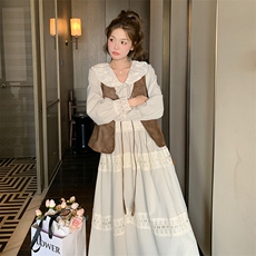 法式复古蕾丝拼接长袖连衣裙女2025春秋新款设计感长裙子两件套，女装套装/套裙，2C037